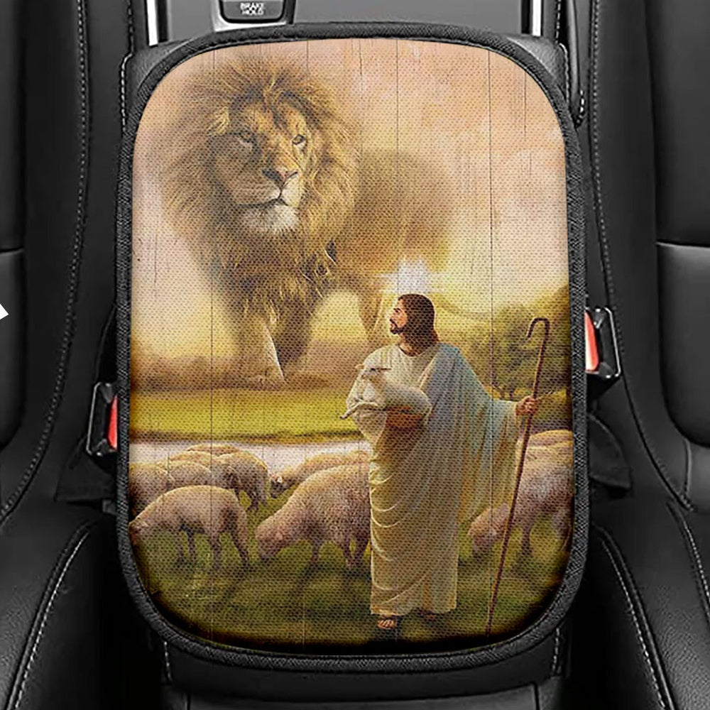 Lion Lambs Walking With Jesus Seat Box Cover, Lion Car Center Console Cover, Christian Car Interior Accessories
