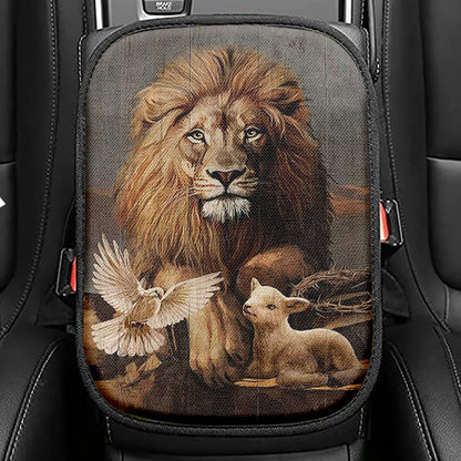 Lion Little Lamb And Beautiful Dove Seat Box Cover, Lion Car Center Console Cover, Christian Car Interior Accessories