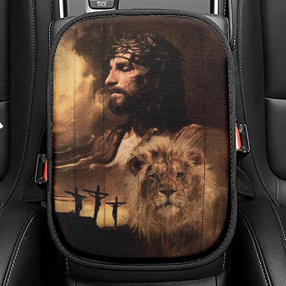 Lion Of Jesus The Rugged Cross The Amazing The Sacrifice Of Jesus Christ Car Center Console Cover, Jesus Armrest Seat Cover, Bible Seat Box Cover
