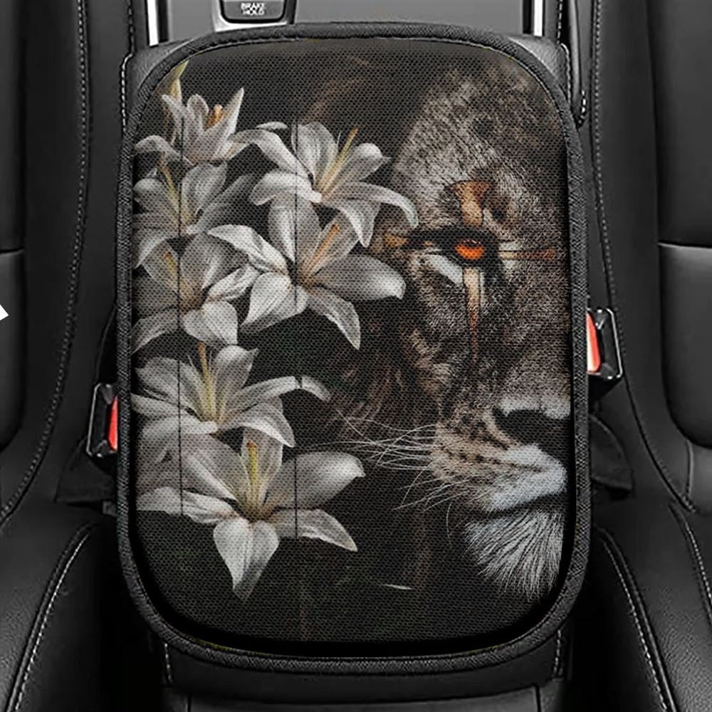 Lion Of Judah Amazing Lily Painting Unique Cross Car Center Console Cover, Christian Armrest Seat Cover, Bible Seat Box Cover