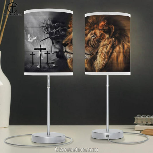 Lion Of Judah And Jesus Portrait Large Table Lamp - Christian Table Lamp Prints - Religious Table Lamp Art