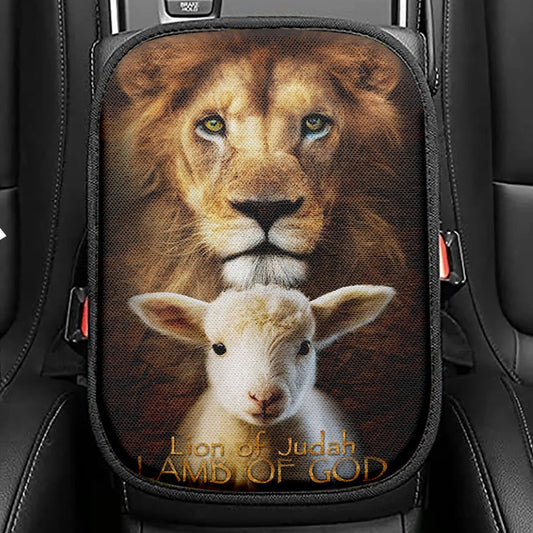 Lion Of Judah And Lamb Of God Stand Together Seat Box Cover, Inspirational Car Center Console Cover, Christian Car Interior Accessories