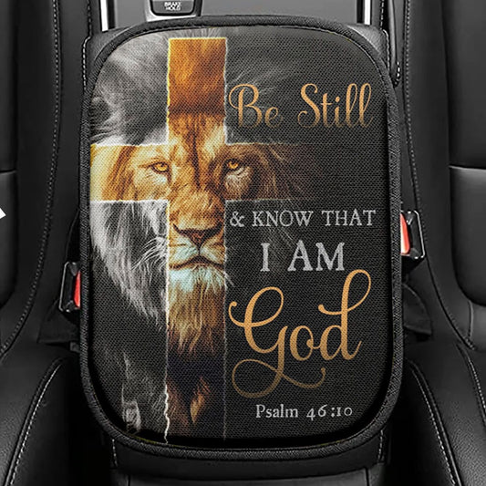 Lion Of Judah Be Still And Know Psalm 4610 Christian Seat Box Cover, Bible Verse Car Center Console Cover, Scripture Car Interior Accessories