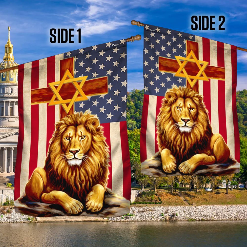 Lion Of Judah Cross Star Of David American Flag - Outdoor House Flags - Decorative Flags