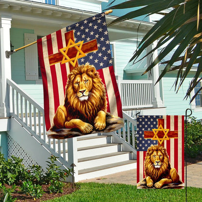 Lion Of Judah Cross Star Of David American Flag - Outdoor House Flags - Decorative Flags