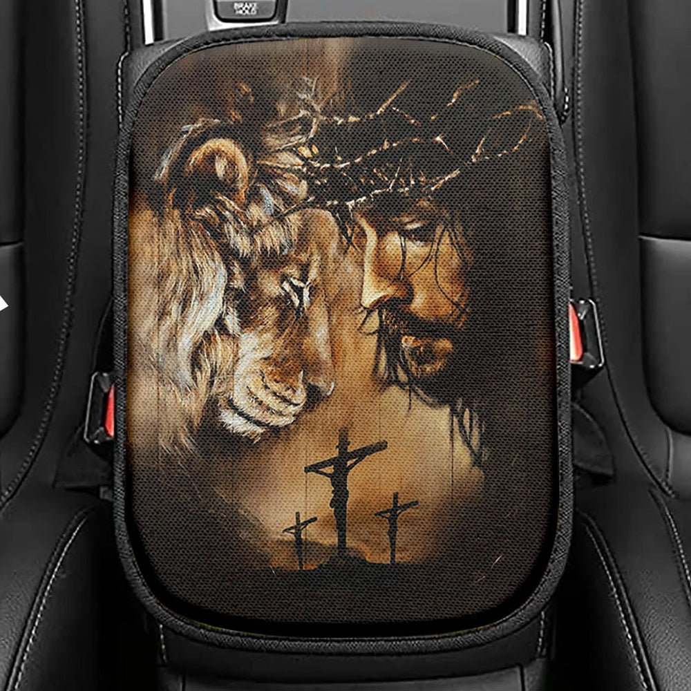 Lion Of Judah Crown Of Thorn Seat Box Cover, Lion Car Center Console Cover, Christian Car Interior Accessories