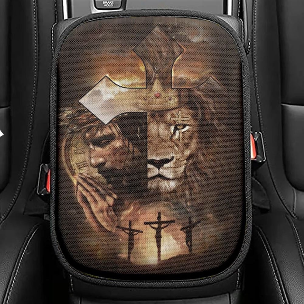 Lion Of Judah, Face Of Jesus, Golden Crown, Cross Car Center Console Cover, Christian Armrest Seat Cover, Bible Seat Box Cover