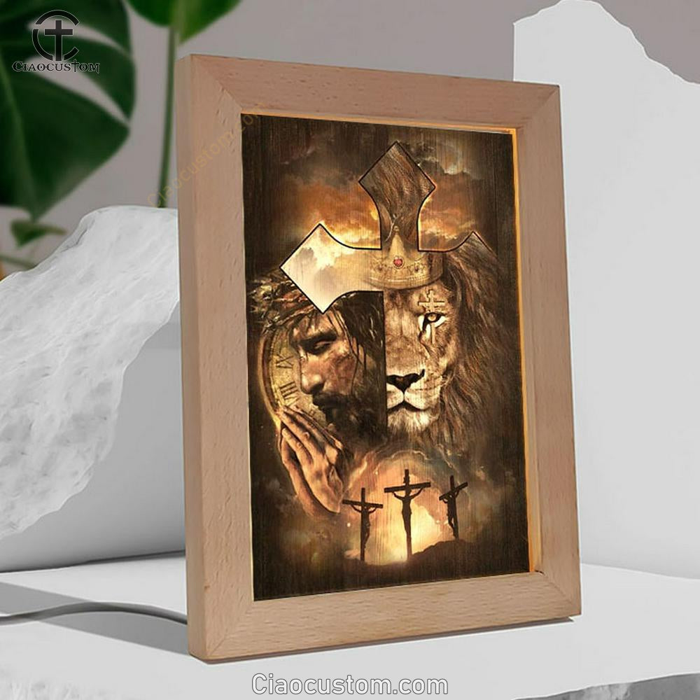 Lion Of Judah, Face Of Jesus, Golden Crown, Cross Frame Lamp