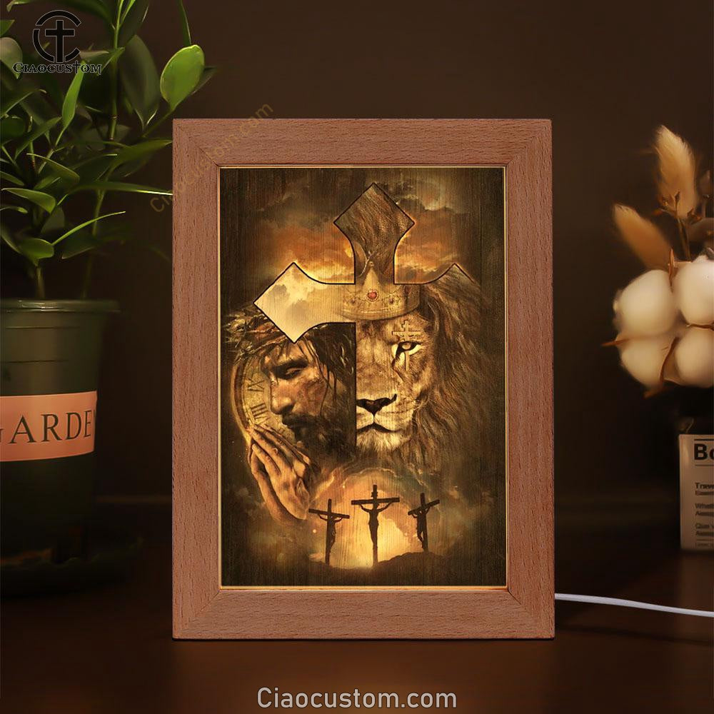 Lion Of Judah, Face Of Jesus, Golden Crown, Cross Frame Lamp