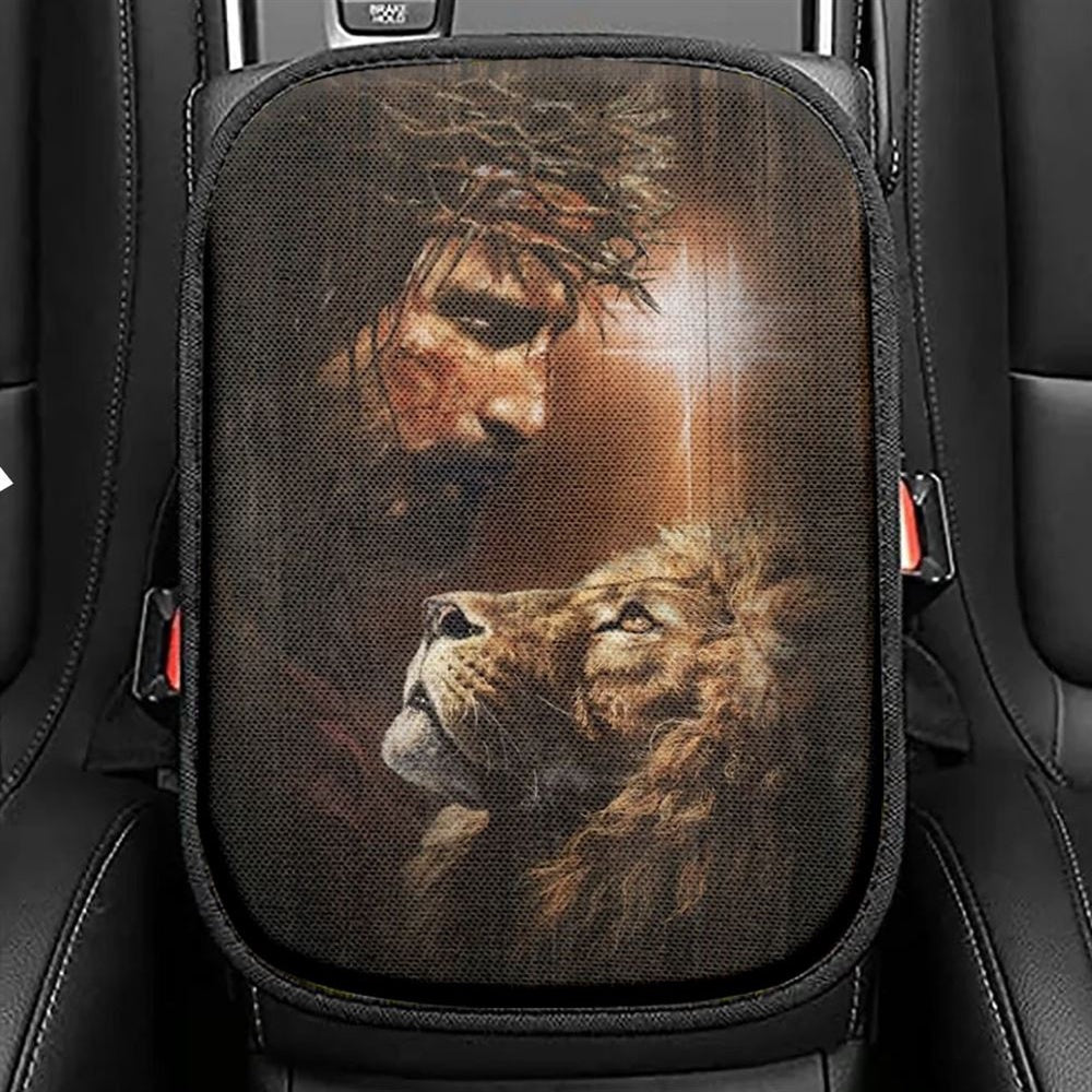 Lion Of Judah, God, Unique Cross, Beautiful Night Car Center Console Cover, Christian Armrest Seat Cover, Bible Seat Box Cover