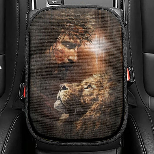 Lion Of Judah, God, Unique Cross, Beautiful Night Car Center Console Cover, Christian Armrest Seat Cover, Bible Seat Box Cover