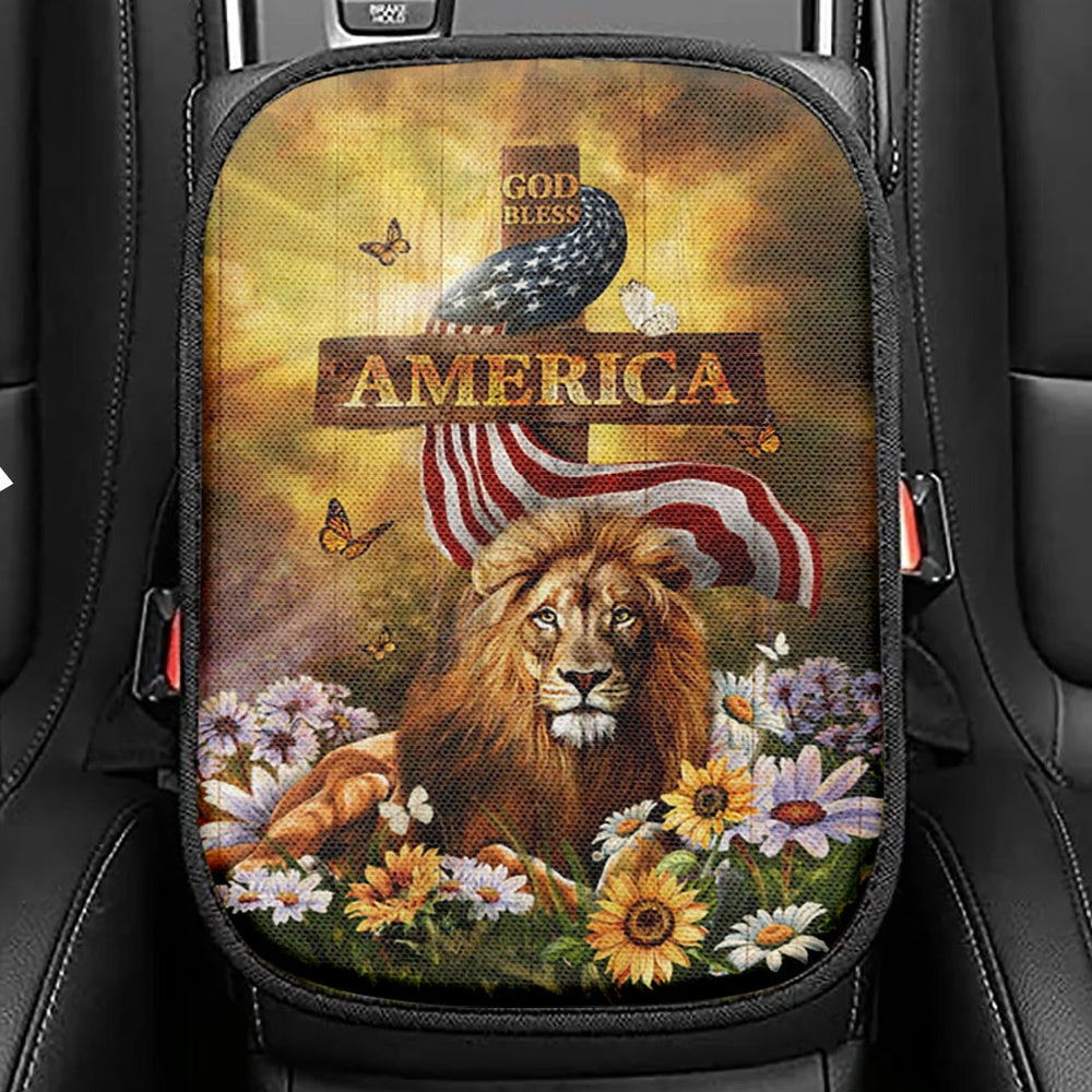 Lion Of Judah Gorgeous Crown Seat Box Cover, Christian Car Center Console Cover, Religious Car Interior Accessories