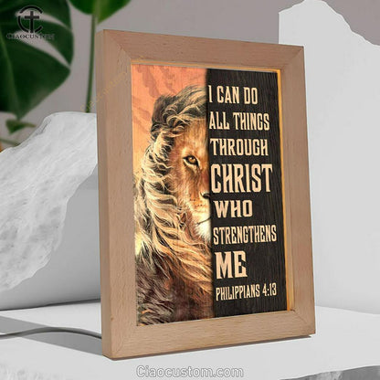 Lion Of Judah I Can Do All Things Through Christ Frame Lamp Prints - Bible Verse Wooden Lamp - Scripture Night Light