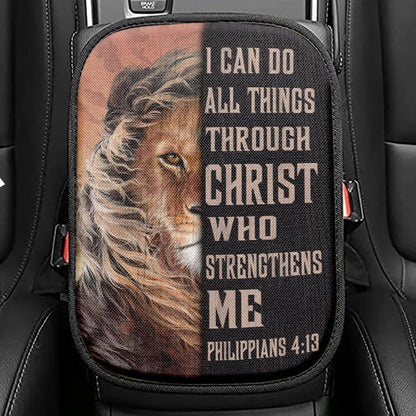 Lion Of Judah I Can Do All Things Through Christ Seat Box Cover, Bible Verse Car Center Console Cover, Scripture Interior Car Accessories