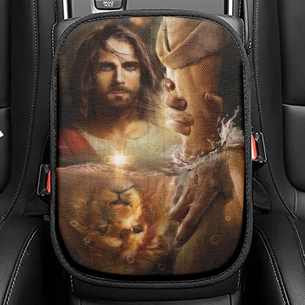Lion Of Judah, I Will Uphold You With My Righteous Right Hand Car Center Console Cover, Christian Armrest Seat Cover, Bible Seat Box Cover