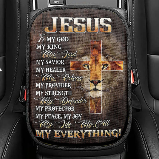 Lion Of Judah Jesus On The Cross Praying With Jesus Seat Box Cover, Lion Car Center Console Cover, Christian Car Interior Accessories