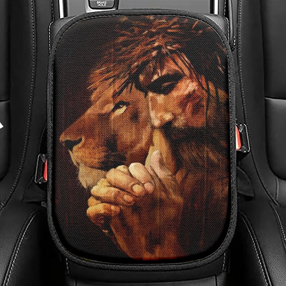 Lion Of Judah Jesus Painting Praying With God Car Center Console Cover, Christian Armrest Seat Cover, Bible Seat Box Cover