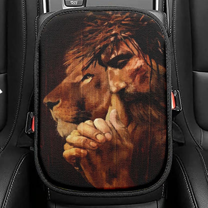 Lion Of Judah Jesus Painting Praying With God Car Center Console Cover, Christian Armrest Seat Cover, Bible Seat Box Cover