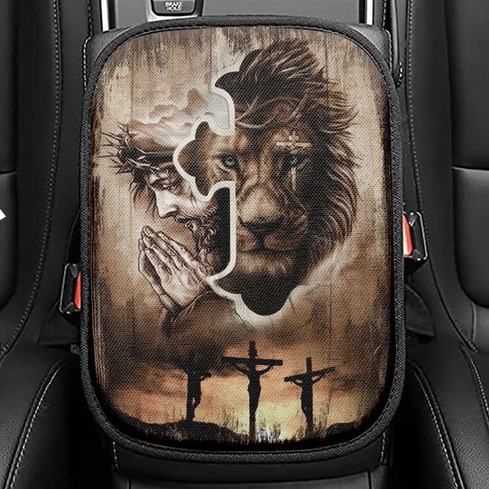 Lion Of Judah, Jesus Praying, Three Wooden Crosses, Sunset Sky Car Center Console Cover, Christian Armrest Seat Cover, Bible Seat Box Cover