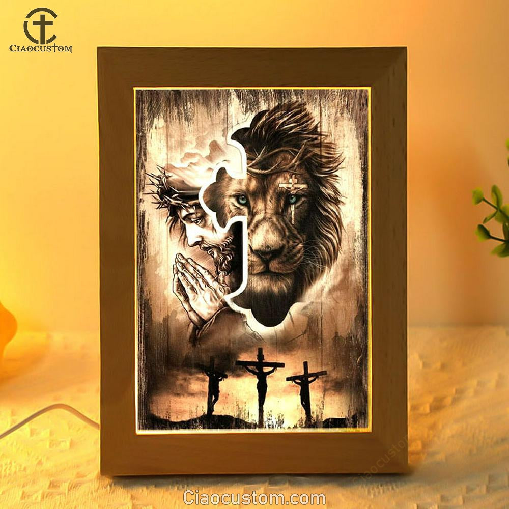 Lion Of Judah, Jesus Praying, Three Wooden Crosses, Sunset Sky Frame Lamp