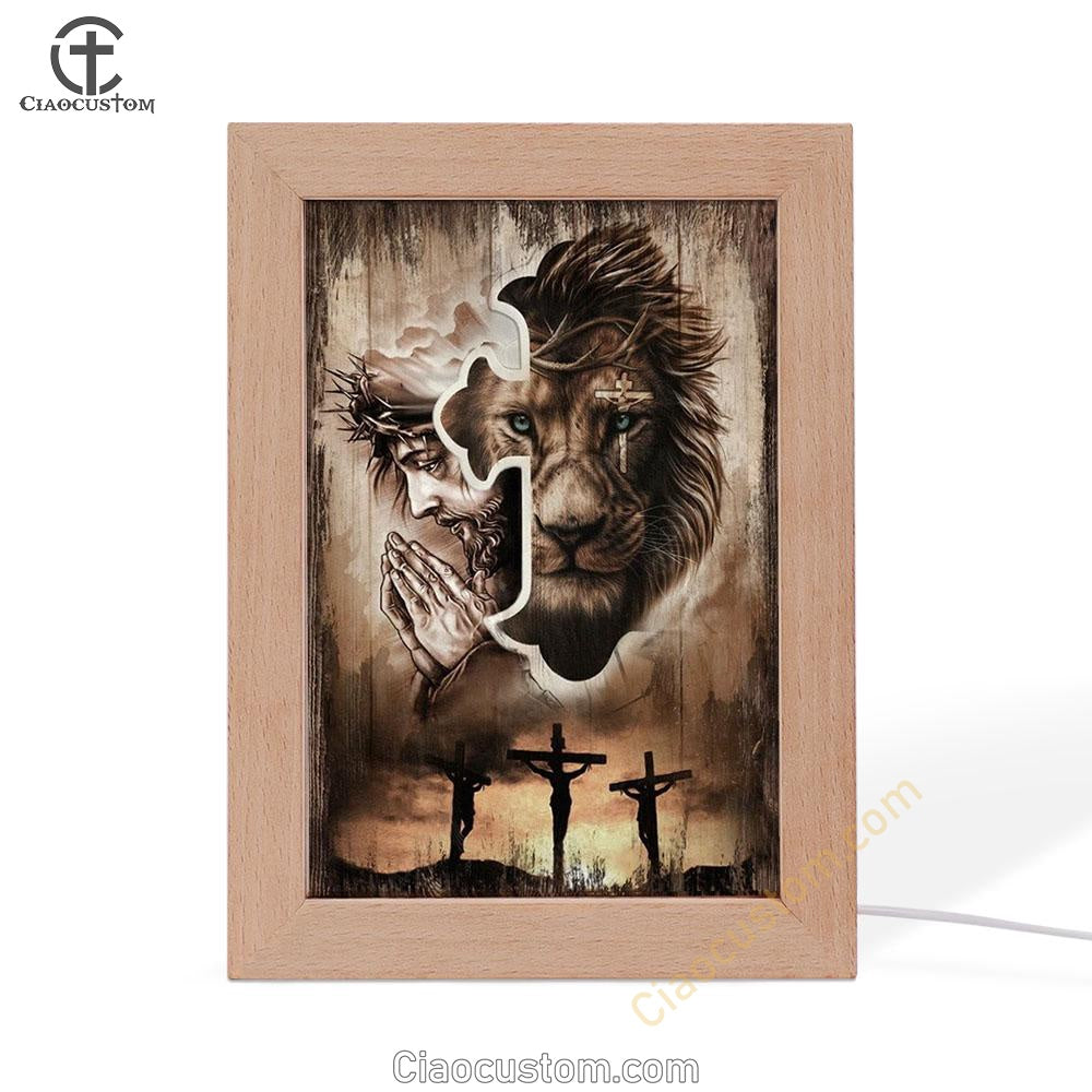 Lion Of Judah, Jesus Praying, Three Wooden Crosses, Sunset Sky Frame Lamp