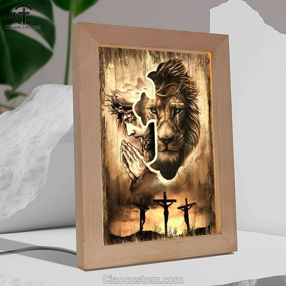 Lion Of Judah, Jesus Praying, Three Wooden Crosses, Sunset Sky Frame Lamp