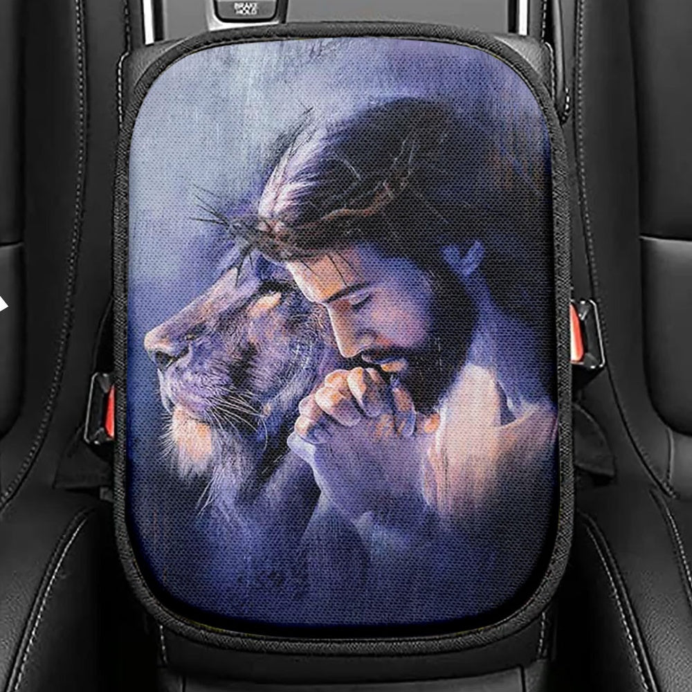 Lion Of Judah Jesus The King Awesome Crowns Seat Box Cover, Lion Car Center Console Cover, Christian Car Interior Accessories