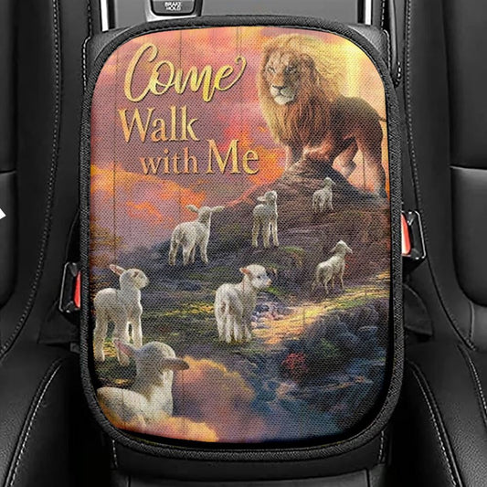 Lion Of Judah, Lamb Of God, Come Walk With Me Car Center Console Cover, Christian Armrest Seat Cover, Bible Seat Box Cover