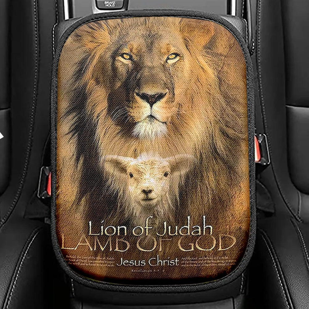 Lion Of Judah Lamb Of God Jesus The Old Rugged Crosses Seat Box Cover, Lion Car Center Console Cover, Christian Car Interior Accessories