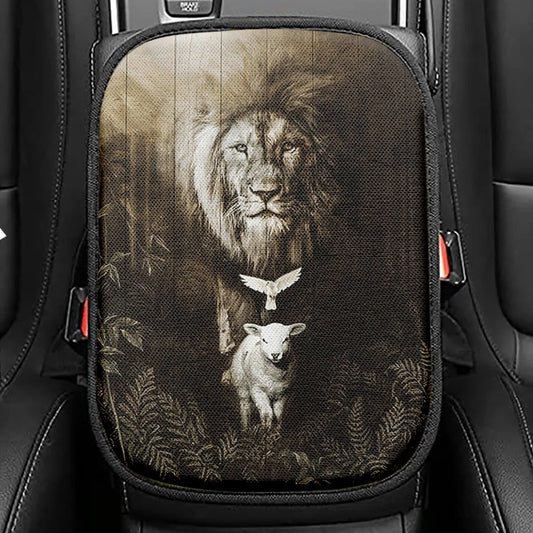 Lion Of Judah Lamb Of God Jesus's Reflection Light Cross Seat Box Cover, Lion Car Center Console Cover, Christian Car Interior Accessories