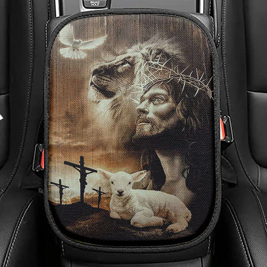 Lion Of Judah Lamb Of God Seat Box Cover, Lion Car Center Console Cover, Christian Inspirational Car Interior Accessories