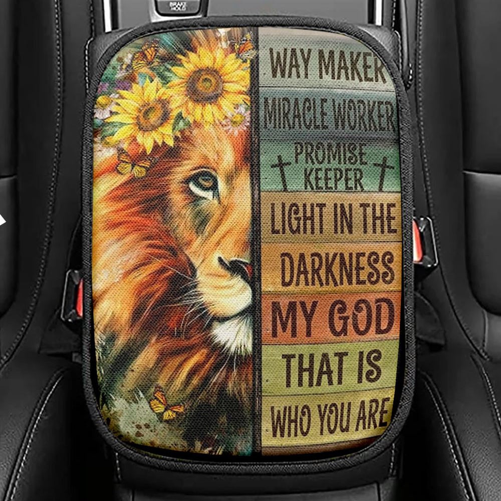 Lion Of Judah Sunflower Wreath Way Maker Miracle Worker Car Center Console Cover, Christian Armrest Seat Cover, Bible Seat Box Cover