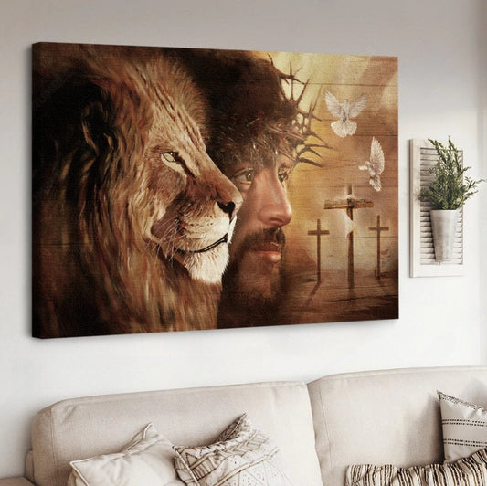 Lion Of Judah The Face Of Jesus Dove Cross Canvas Wall Art - Jesus Canvas Pictures - Christian Wall Posters