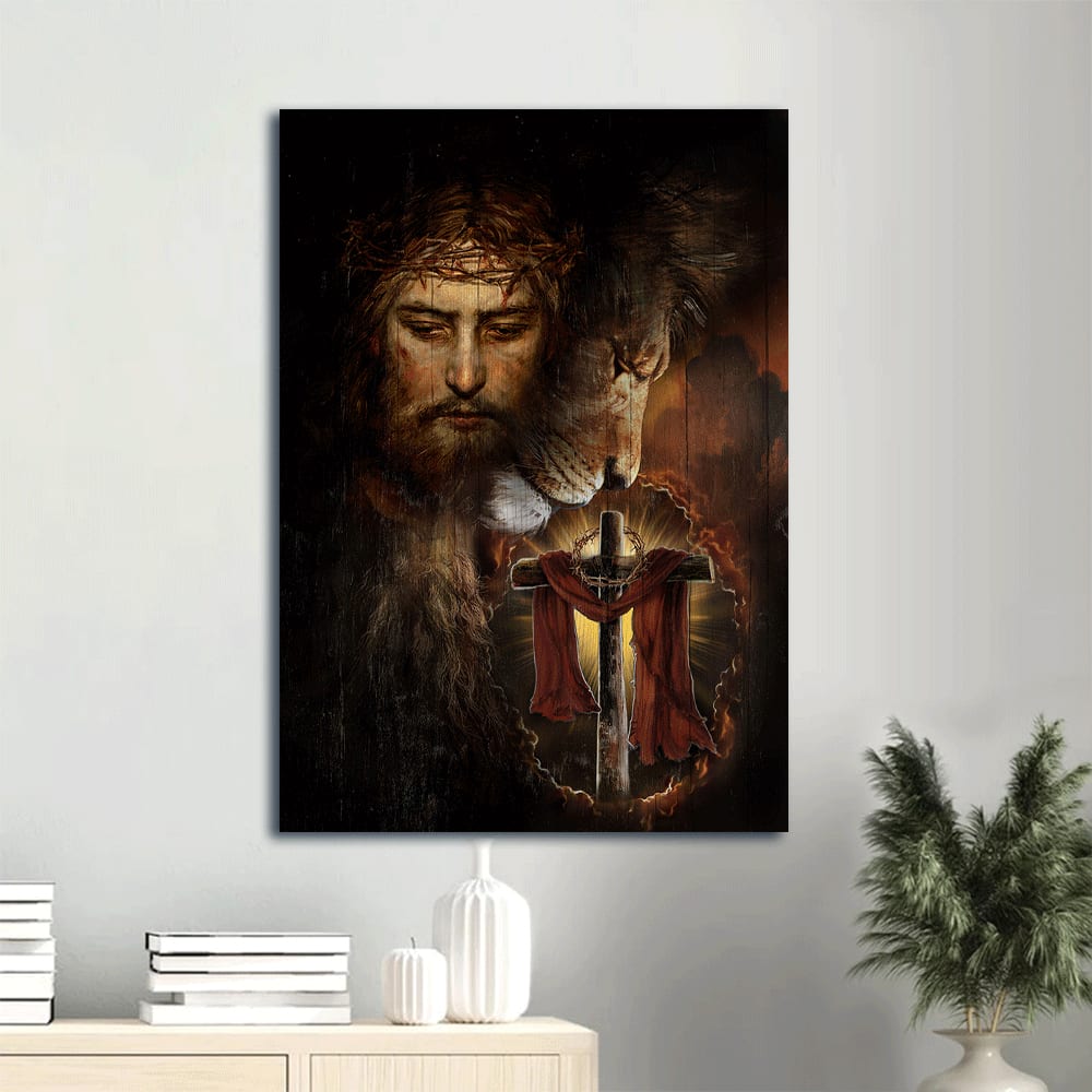 Lion Of Judah Wooden Cross Canvas Wall Art - Christian Gift