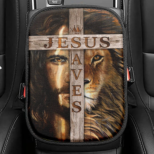 Lion Of Judah Wooden Cross Jesus Saves Seat Box Cover, Lion Car Center Console Cover, Christian Car Interior Accessories