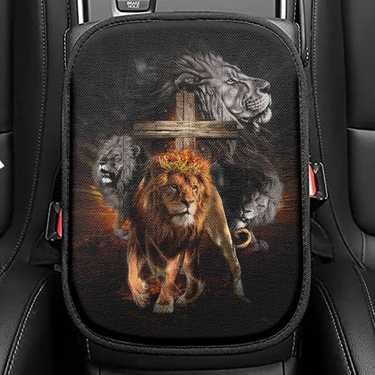 Lion Of Judah Wooden Cross Jesus The Lord Seat Box Cover, Lion Car Center Console Cover, Christian Car Interior Accessories