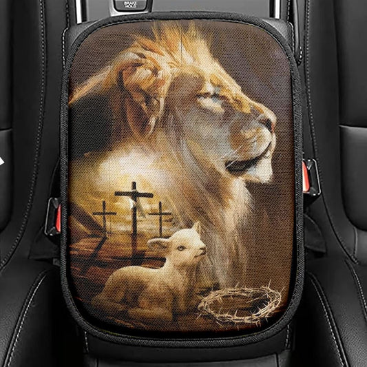 Lion Painting, Lamb Drawing, Cross, Lion Of Judah Car Center Console Cover, Christian Armrest Seat Cover, Bible Seat Box Cover