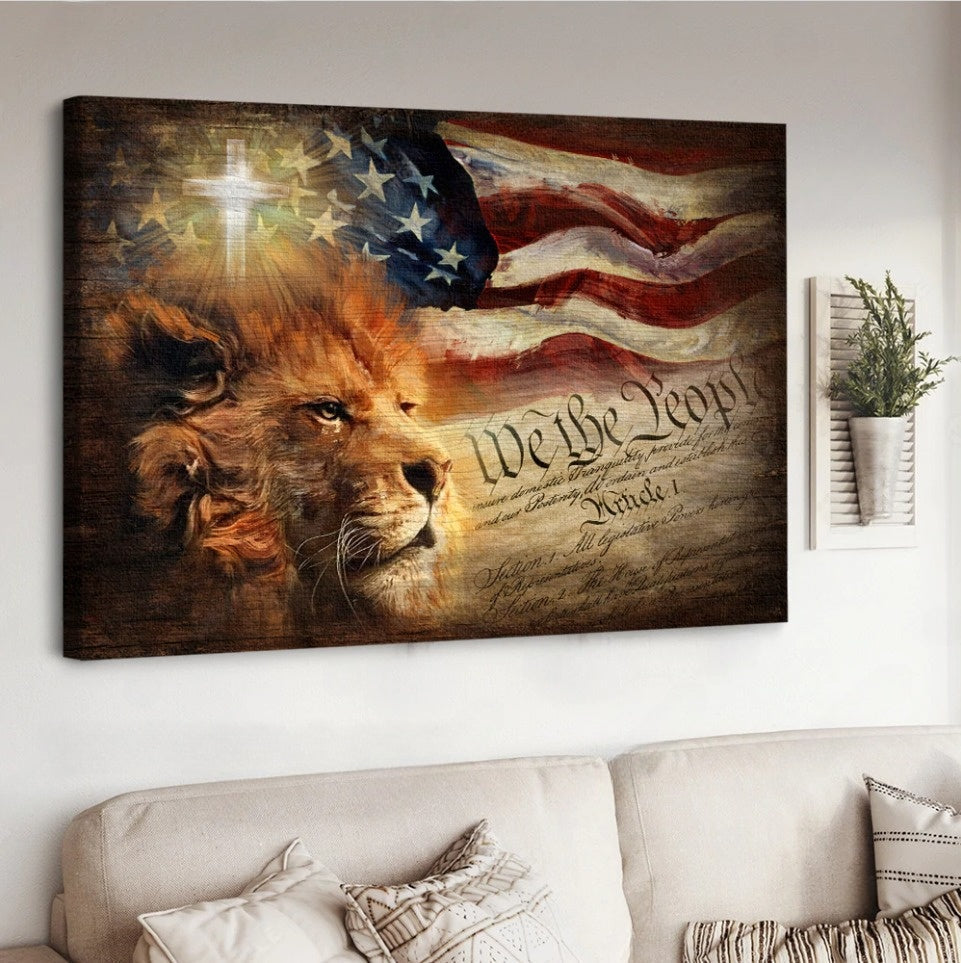 Lion Painting Watercolor American Flag Cross Independence Day Canvas Wall Art - Christian Poster - Religious Wall Decor
