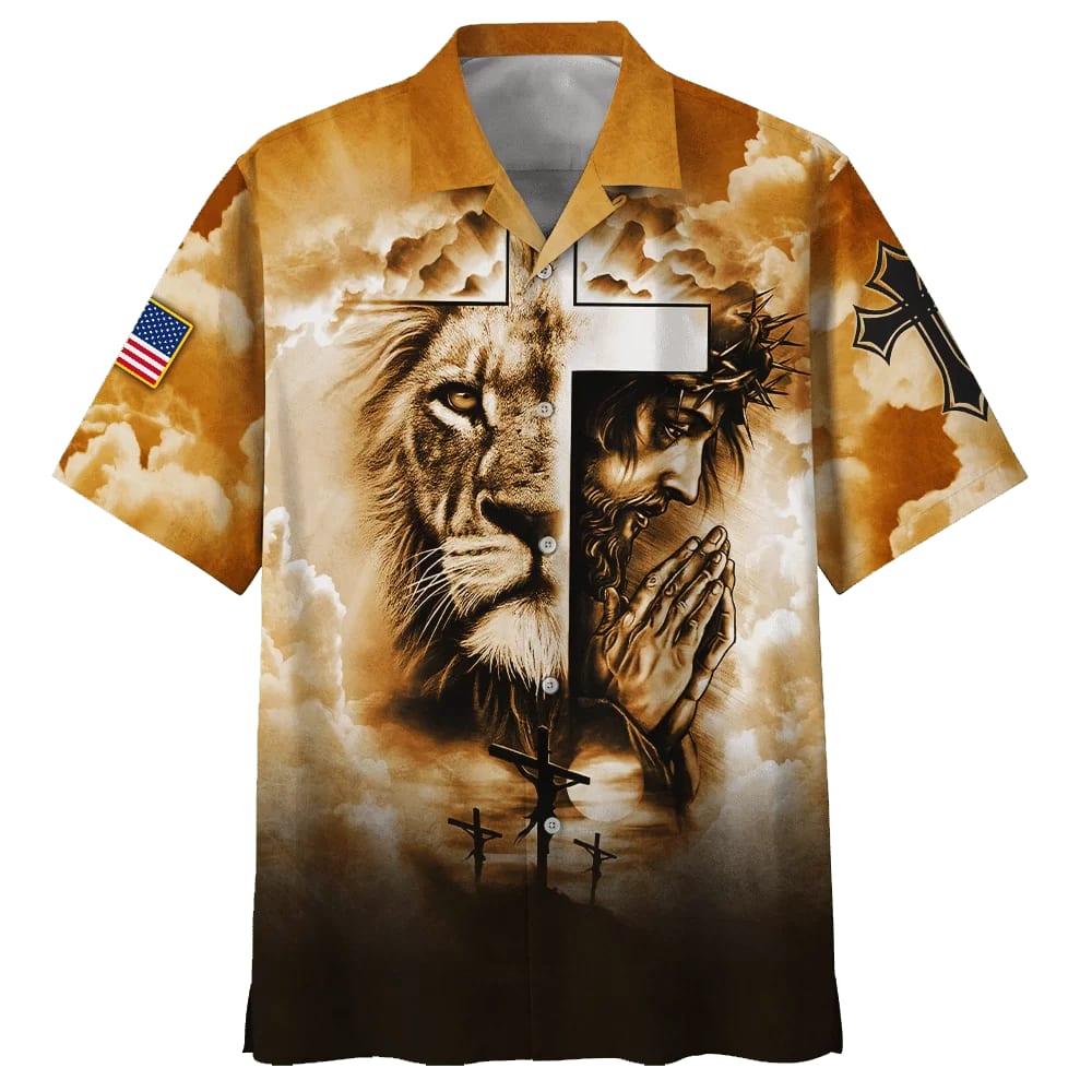 Lion Pray With Jesus On The Cross Hawaiian Shirt - Best Hawaiian Shirts - Christian Hawaiian Shirt