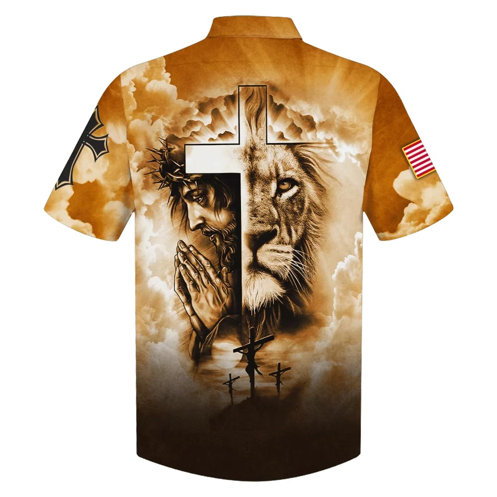 Lion Pray With Jesus On The Cross Hawaiian Shirt - Best Hawaiian Shirts - Christian Hawaiian Shirt