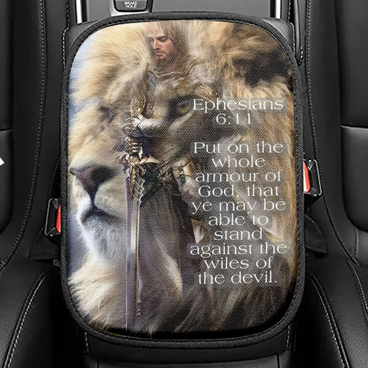 Lion Put On The Armor Of God Seat Box Cover, Lion Car Center Console Cover, Christian Inspirational Car Interior Accessories
