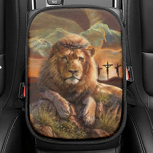 Lion Rock Mountain Crown Of Thorn Car Center Console Cover, Christian Armrest Seat Cover, Bible Seat Box Cover