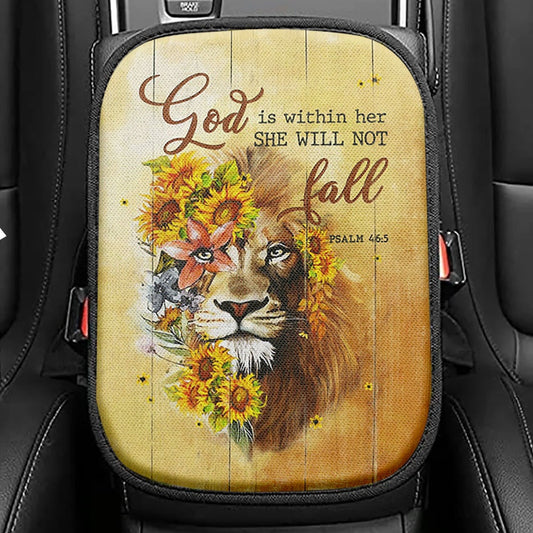 Lion Sunflower God Is Within Her She Will Not Fall Seat Box Cover, Christian Car Center Console Cover, Bible Verse Car Interior Accessories