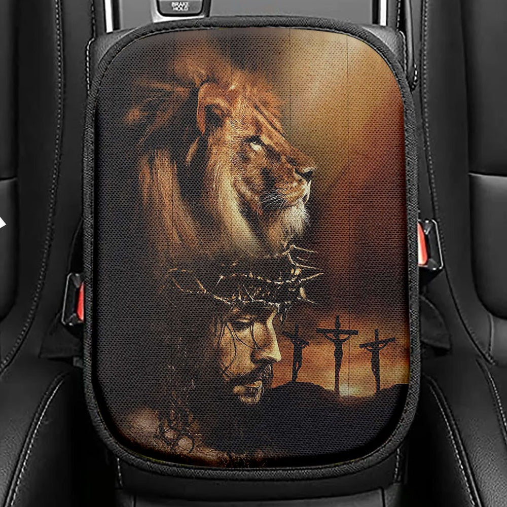 Lion The Face Of Jesus Crown Of Thorn Jesus Painting Seat Box Cover, Christian Car Center Console Cover, Bible Verse Car Interior Accessories