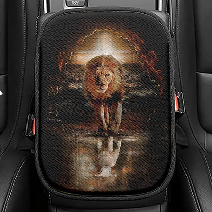 Lion White Lamb Cross On Tomb Seat Box Cover, Christian Car Center Console Cover, Religious Car Interior Accessories