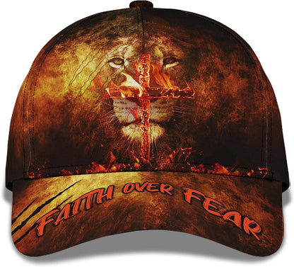 Lion With Christian Cross On Fire Faith Over Fear All Over Print Baseball Cap - Christian Hats For Men Women