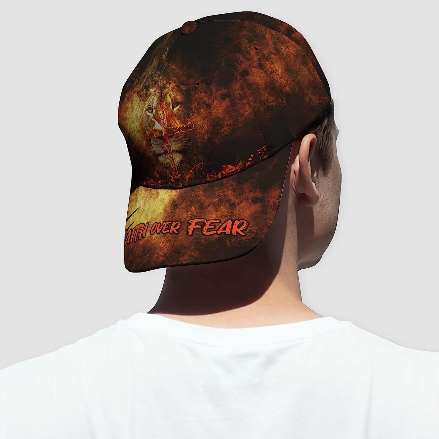 Lion With Christian Cross On Fire Faith Over Fear All Over Print Baseball Cap - Christian Hats For Men Women