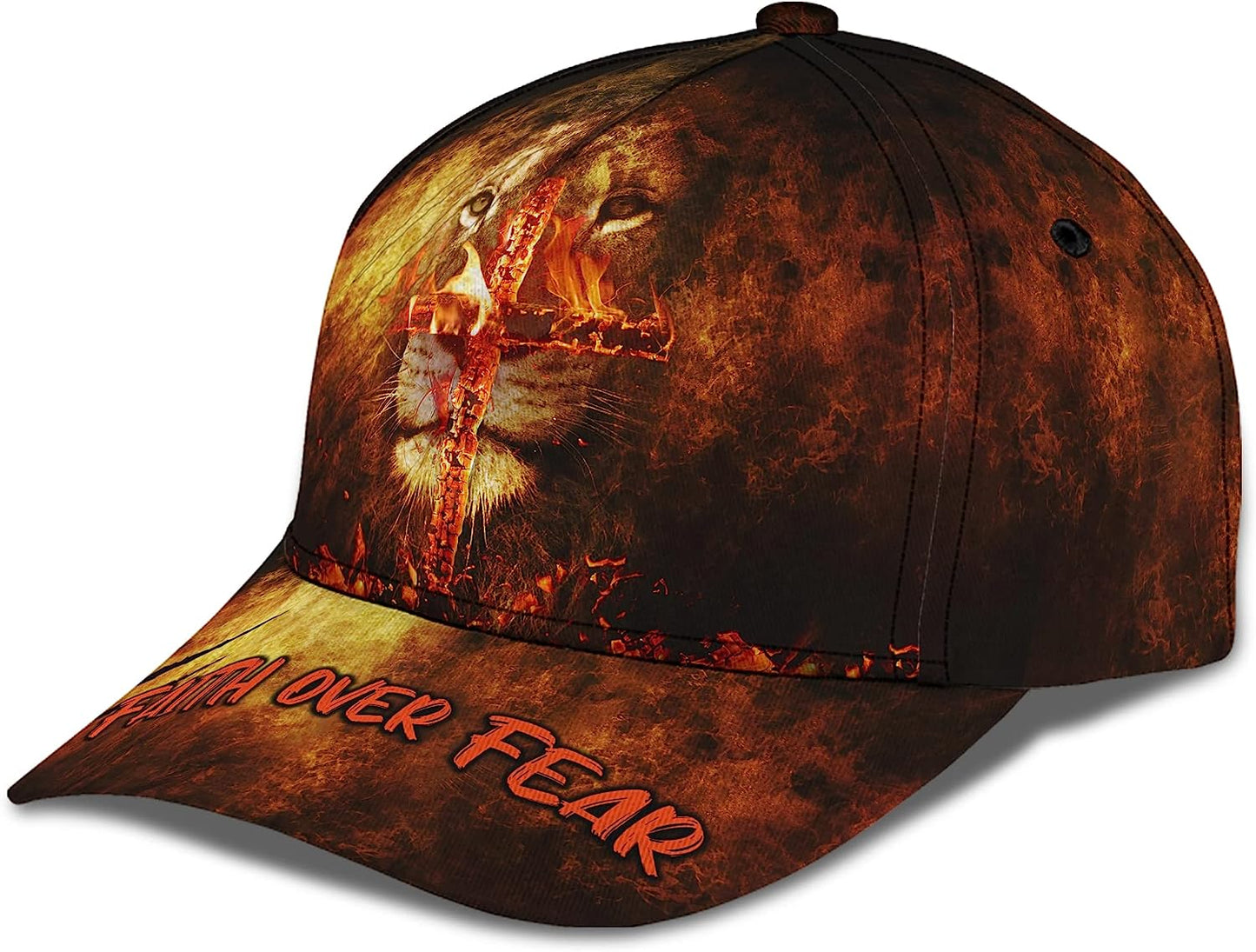 Lion With Christian Cross On Fire Faith Over Fear All Over Print Baseball Cap - Christian Hats For Men Women