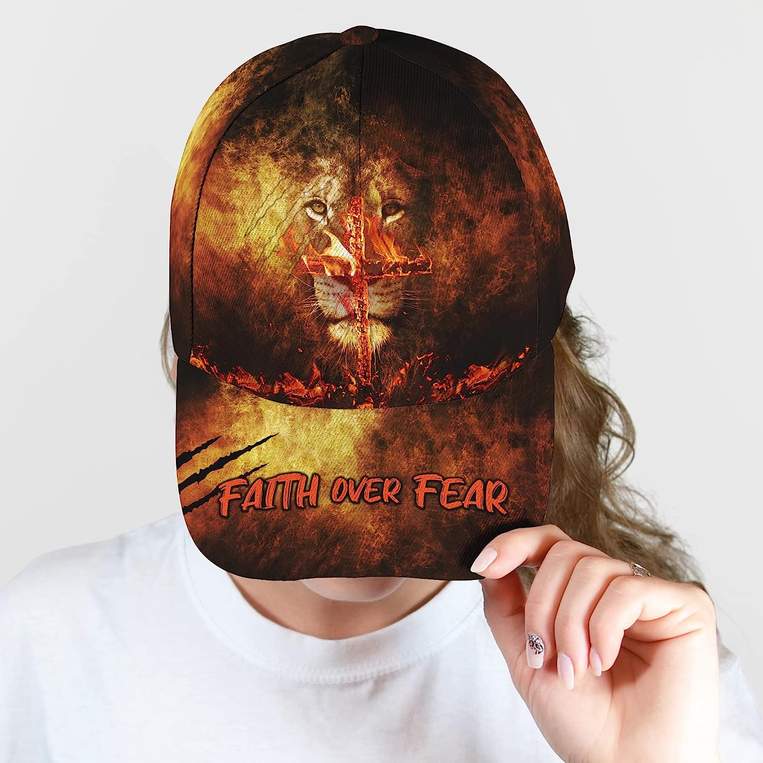 Lion With Christian Cross On Fire Faith Over Fear All Over Print Baseball Cap - Christian Hats For Men Women