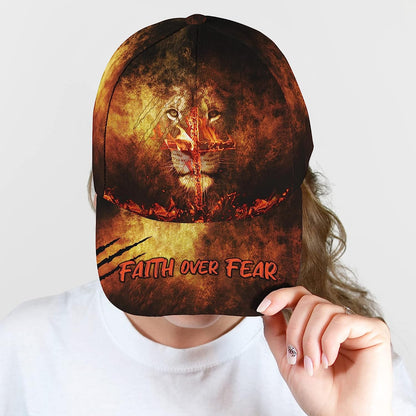 Lion With Christian Cross On Fire Faith Over Fear All Over Print Baseball Cap - Christian Hats For Men Women